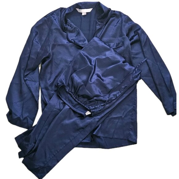 Victoria's Secret Satin Feel Dark Blue Pajama Top & Bottoms Set Womens Medium - Picture 1 of 4